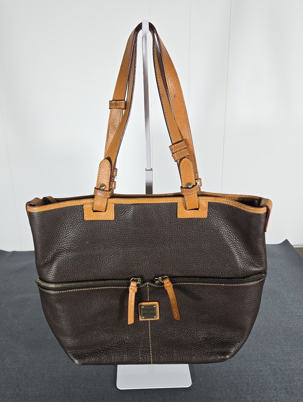 Dooney & Bourke Dark Brown Leather Tote with Cognac Trim